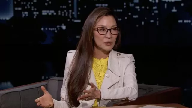 Leather jacket worn by Michelle Yeoh as seen in Jimmy Kimmel Live! on April 13, 2022