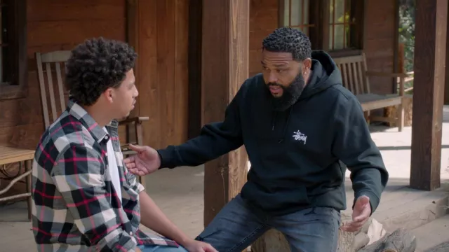 Stüssy embroidered-logo cotton hoodie in black worn by Andre 'Dre' Johnson (Anthony Anderson) as seen in black-ish (S08E12)