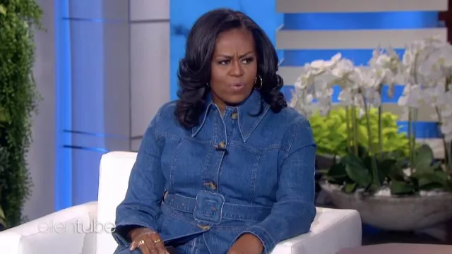 Rejina Pyo Belted Denim Jacket worn by Michelle Obama as seen in The Ellen DeGeneres Show