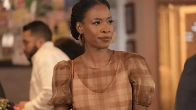 Cami NYC Bethany Bodysuit in Beige Plaid worn by Grace James (Karimah Westbrook) as seen in All American TV series outfits (Season 4 Episode 18)