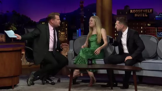 The Vampire’s Wife Midnight Garden Dress in green worn by Dakota Fanning as seen in The Late Late Show with James Corden