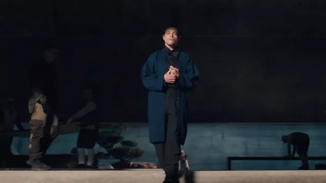 Navy blue kimono coat worn by Lyutsifer Safin (Rami Malek) as seen in No Time to Die movie