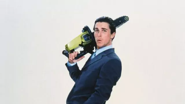 Christian Bale is using Poulan Chainsaw as Patrick Bateman in American Psycho movie poster