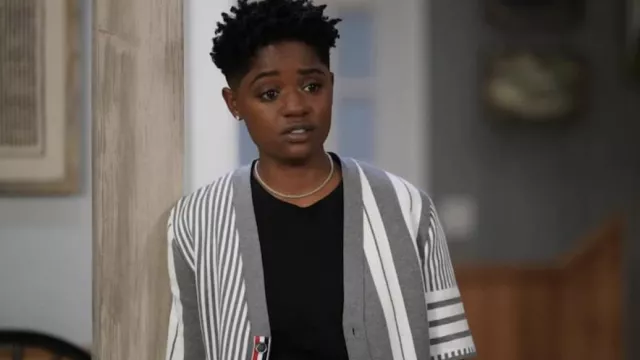 Thom Browne Striped Grey Cardigan worn by Tamia 'Coop' Cooper (Bre-Z) as seen in All American TV show outfits (S04E20)