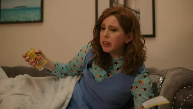 Alice + Olivia Willa Pug Print Silk Shirt Blouse Blue worn by Joanna Gold (Vanessa Bayer) as seen in I Love That for You TV series (Season 1 Episode 4)