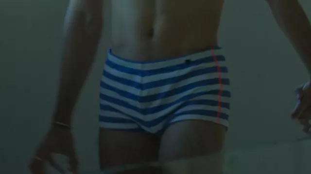 Hom USA Blue and white striped trunk swimsuit worn by Patrick Blanco (Manu Ríos) in Elite TV series wardrobe (S04E05)
