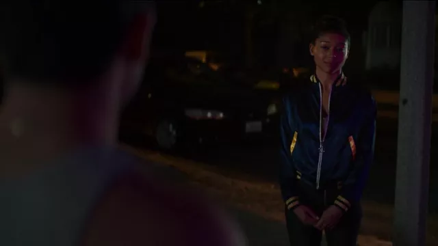 The blue and gold bomber Stoned Immaculate by Monse Finnie (Sierra Capri) in the series On My Block (Season 2 Episode 10)