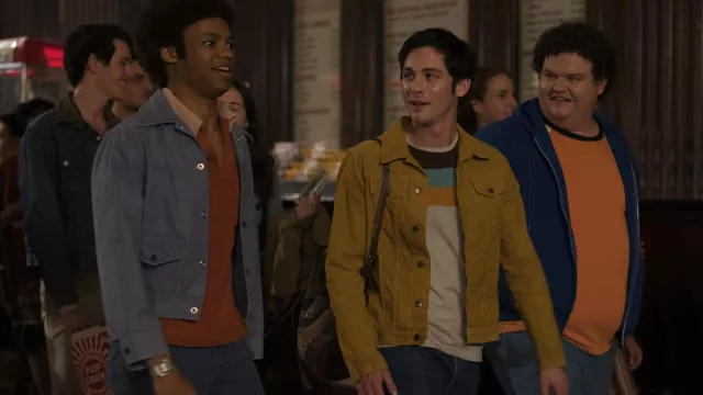 Mustard Yellow denim jacket worn by Jonah Heidelbaum (Logan Lerman) as seen in Hunters TV series outfits (Season 1 Episode 1)