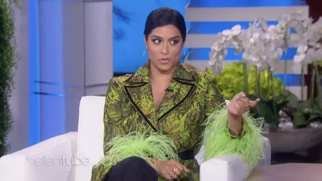 Andreeva Green Printed Blazer Jacket worn by Lilly Singh as seen in The Ellen DeGeneres Show