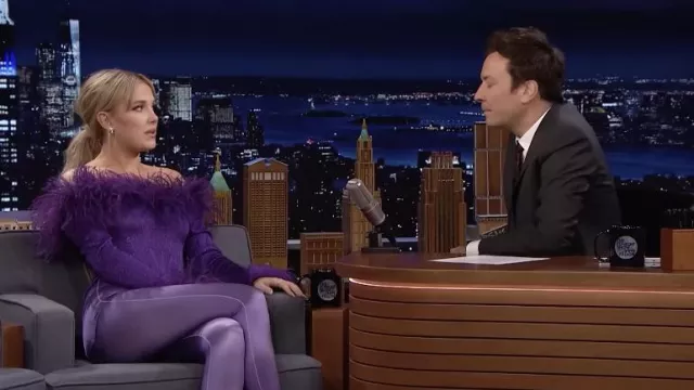 Raisa Vanessa Purple pants worn by Millie Bobby Brown as seen in The Tonight Show Starring Jimmy Fallon