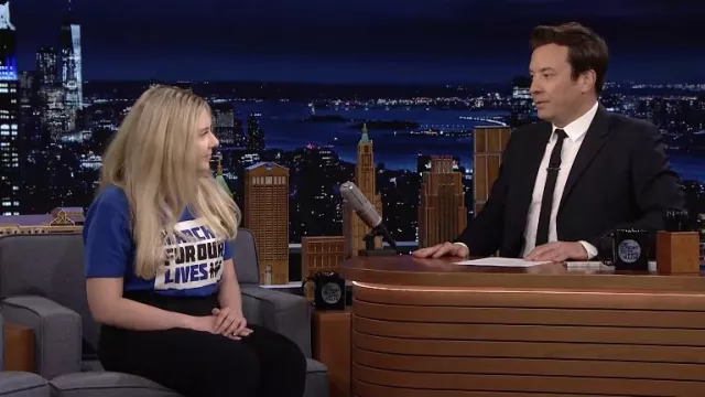 #MarchForOurLives blue t-shirt worn by Jaclyn Corin as seen in The Tonight Show Starring Jimmy Fallon