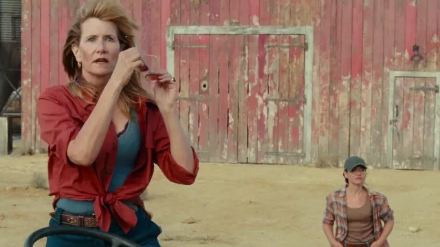 Red shirt top worn by Ellie Sattler (Laura Dern) in Jurassic World Dominion movie