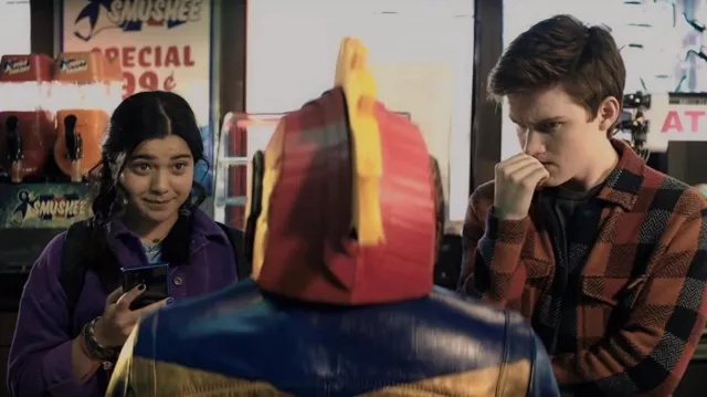 Scotch & Soda jacquard check knit worker shirt jacket worn by Bruno Carrelli (Matt Lintz) as seen in Ms. Marvel TV show (Season 1)