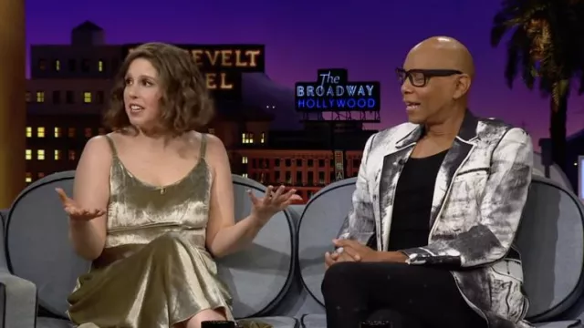 Vince. Gold velvet Midi dress worn by Vanessa Bayer as seen in The Late Late Show with James Corden