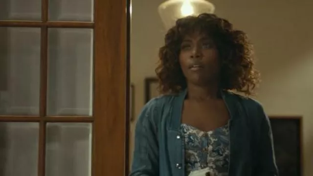 A by Anthropologie Chambray Denim Bomber Jacket worn by Swan (DeWanda Wise) in Fatherhood movie outfits