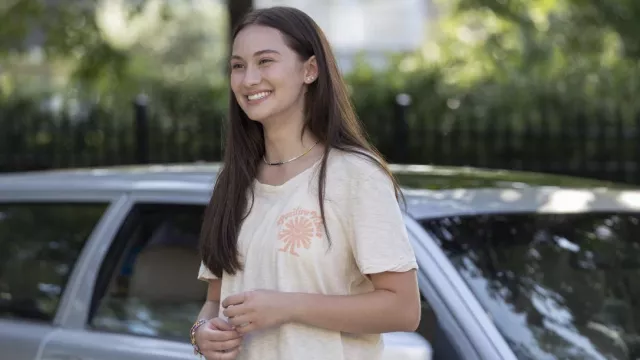 Positive Vibes t-shirt worn by Belly (Lola Tung) as seen in The Summer I Turned Pretty TV show wardrobe (Season 1 Episode 1)