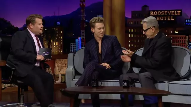 Navy Blue Striped Suit worn by Austin Butler in The Late Late Show with James Corden