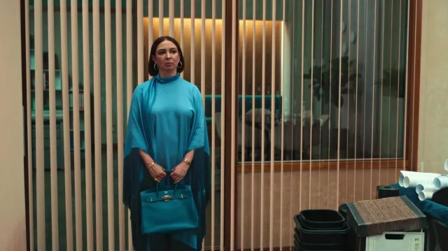Hermès Birkin handbag in blue worn by Molly (Maya Rudolph) as seen in Loot (S01E01)