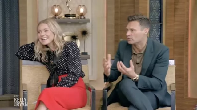 Saint Laurent Tie-Neck Polka-Dot Silk Blouse worn by Kelly Ripa as seen in LIVE with Kelly and Ryan