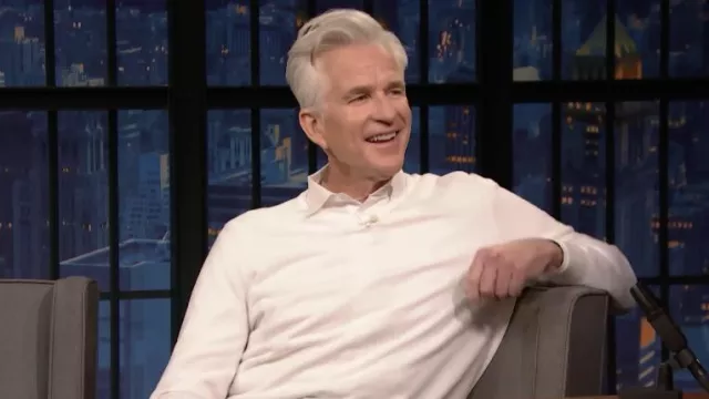 White sweater worn by Matthew Modine as seen in Late Night with Seth Meyers