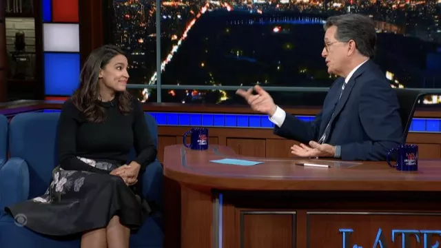 Ted baker Floral Print Black Skirt worn by Alexandria Ocasio-Cortez in The Late Show with Stephen Colbert
