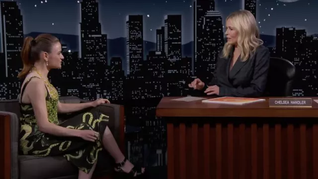 Snake Printed Prosciutto Dress and Body Cain Top worn by Joey King as seen in Jimmy Kimmel Live!