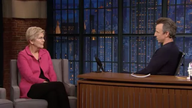 Pink jacket worn by Elizabeth Warren as seen in Late Night with Seth Meyers