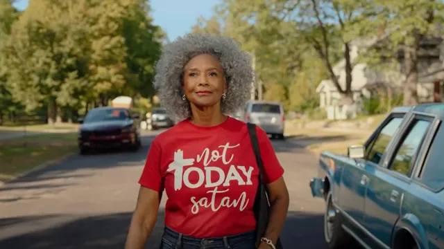 'Not Today Satan' T-Shirt in red worn by Janice Sommers (Margaret Avery) in Block Party movie wardrobe