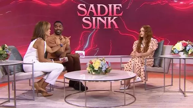 Miu Miu Slingback Leather Penny Loafer Mules worn by Sadie Sink as seen in Today on 06 July 2022