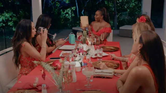 Pretty Little Thing Red Shoulder Maxi Dress worn by  Cynthia Bailey  as seen in The Real Housewives Ultimate Girls Trip (S01E02)