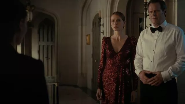 Mac Duggal Ieena for Mac Duggal Long Sleeve Surplice V-Neck Thigh High Slit Sequin Wrap Gown worn by Emily Grace (Katja Herbers) as seen in Westworld (S04E02)