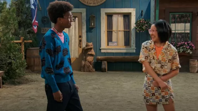 Urban Outfitters Printed Notched Mini Skirt In Brown Multi worn by Grace Lu as seen in BUNK'D (S06E05)