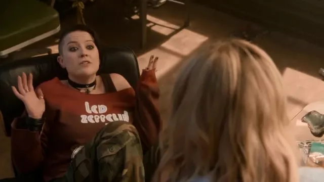 Urban Outfitters Led Zeppelin ’77 Vintage Wash Crew Neck Sweatshirt worn by Kelly (Anastasia Leddick) as seen in Good Trouble TV show outfits (Season 4 Episode 9)