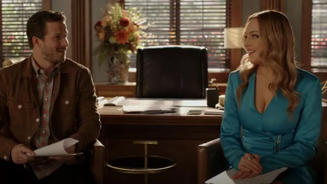 The Attico Jacqueline Satin Wrap Dress worn by Fallon Carrington (Elizabeth Gillies) as seen in Dynasty (S05E14)