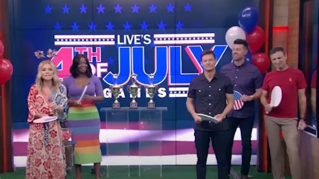 Christopher John Rogers Striped Colorblock Midi-Dress usado por Janelle James como se ve en VIVO con Kelly y Ryan el 04 de julio de 2022