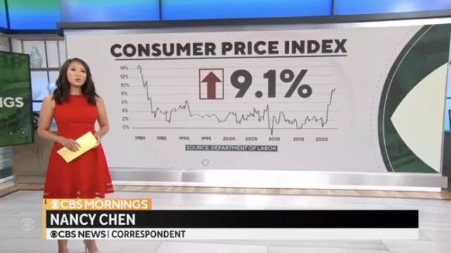 Calvin Klein Illusion-Trim Fit & Flare Dress porté par Nancy Chen vu dans CBS Mornings le 14 juillet 2022