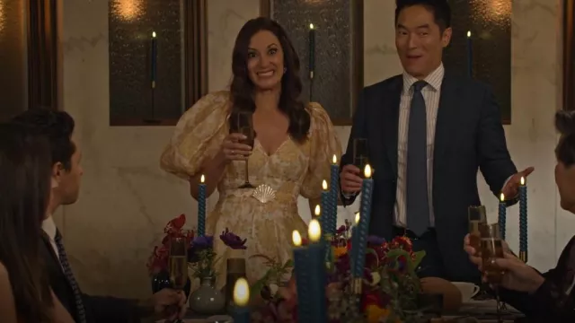 Zimmermann Postcard Dress In Yellow Tonal Floral worn by Amy (Angelique Cabral) as seen in Maggie (S01E13)