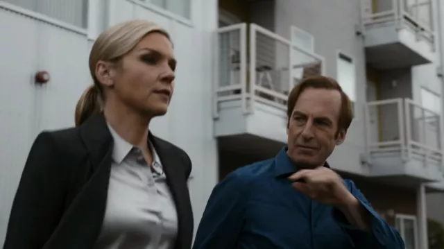 Theory Perfect Blouse In Silver Mist worn by Kim Wexler (Rhea Seehorn) as seen in Better Call Saul (S06E06)