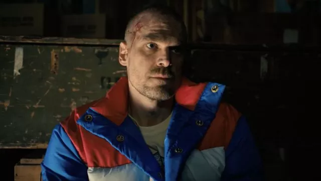 Red white and blue puffer jacket worn by Jim Hopper (David Harbour) as seen in Stranger Things Outfits (Season 4 Episode 8)