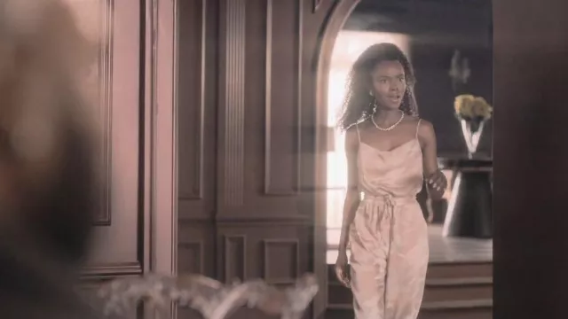 Cinq a Sept Finnley Camouflage Satin Jumpsuit worn by Zenzi Fullington (Ashleigh Murray) as seen in Tom Swift (S01E07)
