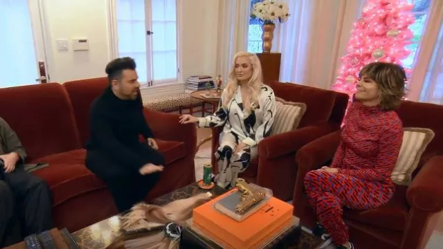 Olivia Von Halle Lila Cat Print Silk Pajama Set worn by Erika Jayne as seen in The Real Housewives of Beverly Hills (S12E12)