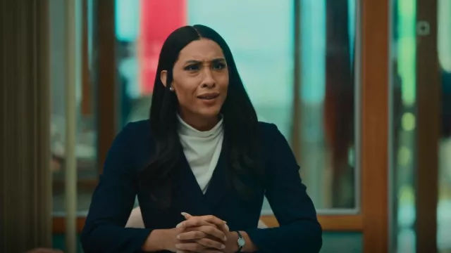 Tahari ASL Asymmetrical Belted Blazer worn by Sofia (Mj Rodriguez) as seen in Loot (S01E08)