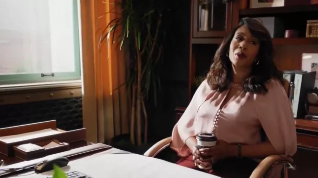 Jonathan Simkhai Audrey Fluid Satin Cape Top worn by Lola Carmichael (Simone Missick) as seen in All Rise (S03E09)