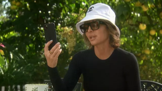Chanel Bucket Hat in white worn by Lisa Rinna as seen in The Real Housewives of Beverly Hills TV show wardrobe (Season 12 Episode 13)