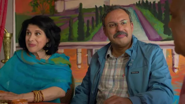 Members Only Jacket in blue worn by Vijay (Rizwan Manji) as seen in Wedding Season movie wardrobe
