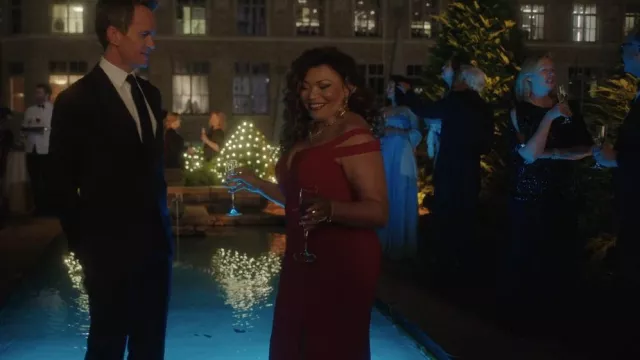Aqua Off-The-Shoulder Gown worn by Suzanne (Tisha Campbell) as seen in Uncoupled (S01E02)