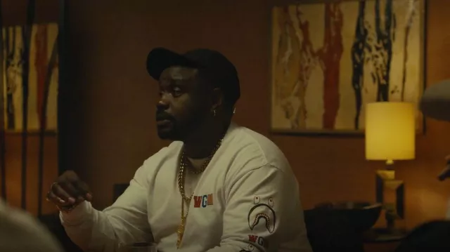 A Bathing Ape Long Sleeve WGM Shark Relaxed Tee worn by Alfred 'Paper Boi' Miles (Brian Tyree Henry) as seen in Atlanta (S03E03)