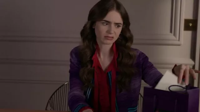 Maje Carma Ruffled Bow Silk Blouse worn by Emily Cooper (Lily Collins) as seen in Emily in Paris (S01E09)