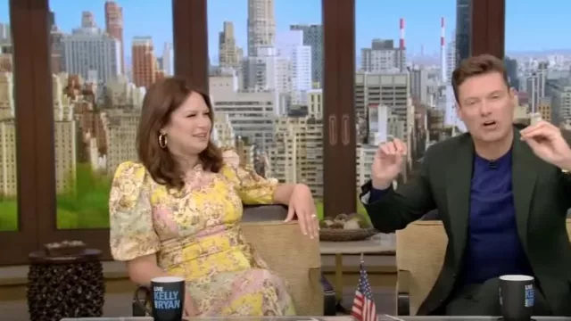 Alemais Matilde Floral Patchwork Linen Dress worn by Katie Lowes as seen in LIVE with Kelly and Ryan on August 08,2022