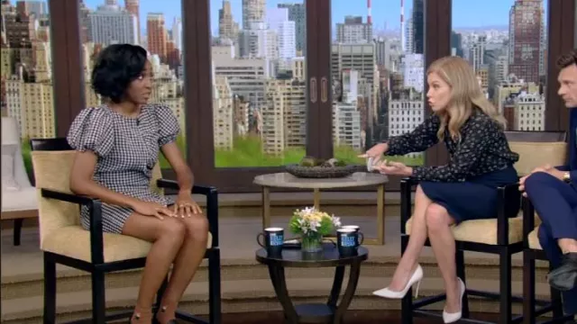 Ganni Asymmetric Gingham-Check Dress worn by Ayo Edebiri in LIVE with Kelly and Ryan on August 15,2022
